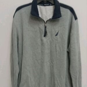 Nautica Men’s Light Gray Quarter-Zip Sweater with Navy Trim